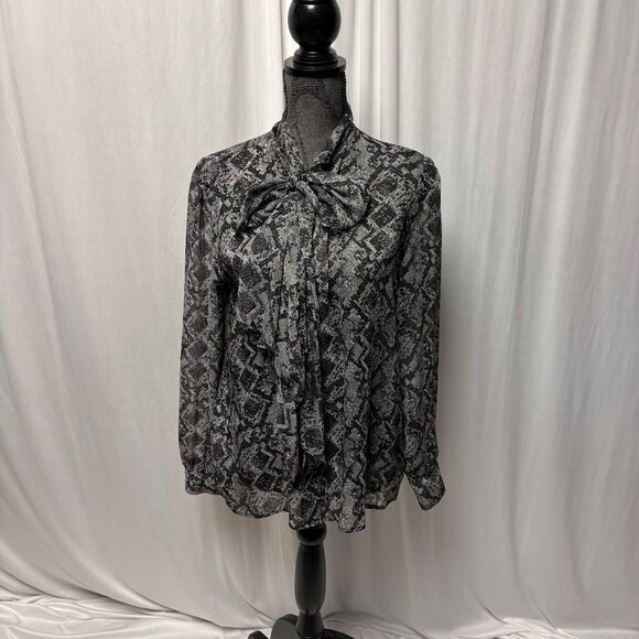 Violet & Claire Blouse Womens Size Large Snake Print Sheer Long Sleeve Neck Tie - Picture 1 of 10
